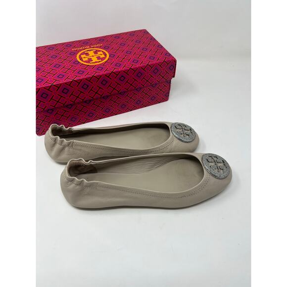 Tory Burch NIB Travel Minnie Flats with Pave Logo Sz 8 Stone - Picture 3 of 7